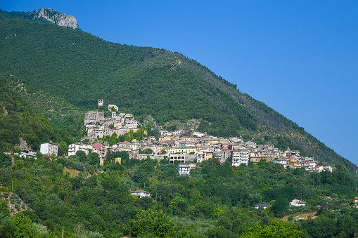 Panoramic view of Maenza, a medieval town in the mountains of the Lazio region, Italy.