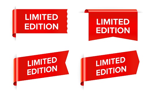 Limited edition red sticker and tag on white background
