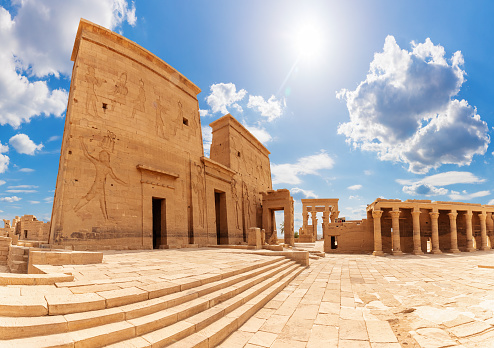 Ancient Philae Temple of Isis, Aswan, Egypt, sunny panorama.