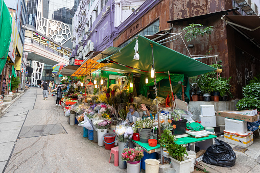 Hong Kong - July 26, 2021 : Street vendors in Gage Street, Central District, Hong Kong. Gage Street is named after William Hall Gage.