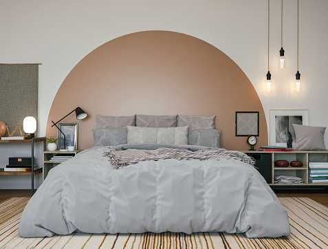 Picture of a modern, comfortable bedroom with painted arch headboard. Render image.