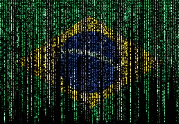 Flag of Brazil on a computer binary codes falling from the top and fading away.