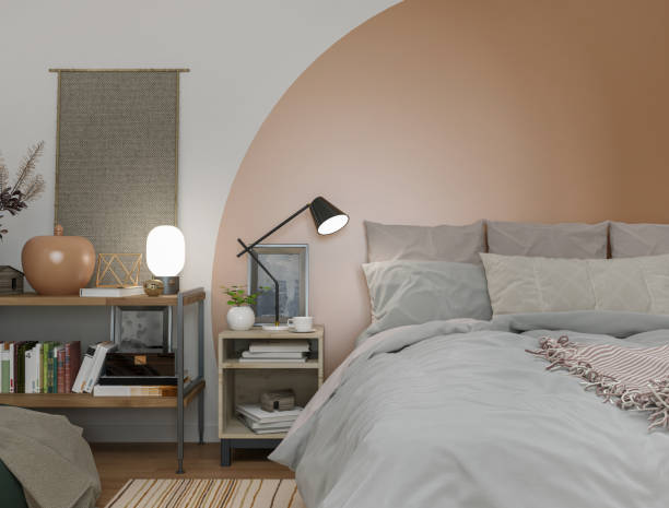 istock Comfortable bedroom with painted arch headboard 1330770891