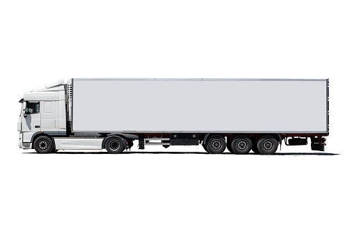 White semi-truck with trailer isolated on white background