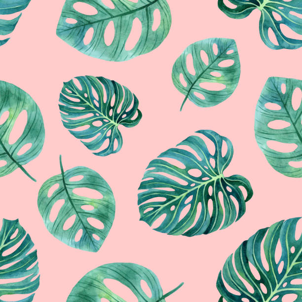 istock Hand-drawn endless watercolor pattern of tropical monstera leaves. 1330774850