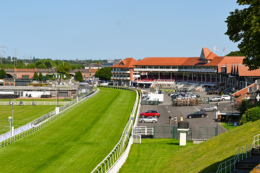 Chester, England - July 2021: Track and stand at the racecourse in Chester, It is adjacent to the city centre.