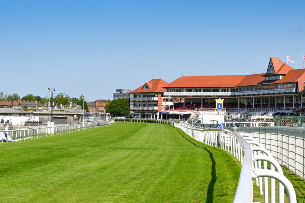 Track and stands at Chester racecourse Chester, England - July 2021: Track and stand at the racecourse in Chester. It is adjacent to the city centre. chester england stock pictures, royalty-free photos & images
