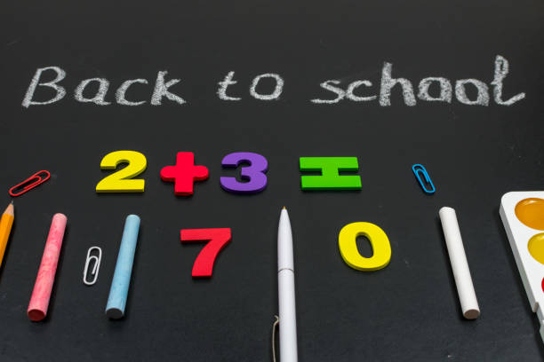 istock Multicolored colorful numbers, counting sticks, math signs on a chalkboard. Back to school. Concepts. School supplies on a chalkboard. View from above. 1330777361