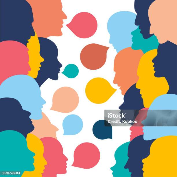 사람들은 대화에서 머리를 프로파일 벡터 배경입니다 토론에 대한 스톡 벡터 아트 및 기타 이미지 - 토론, 말하기, 의사소통