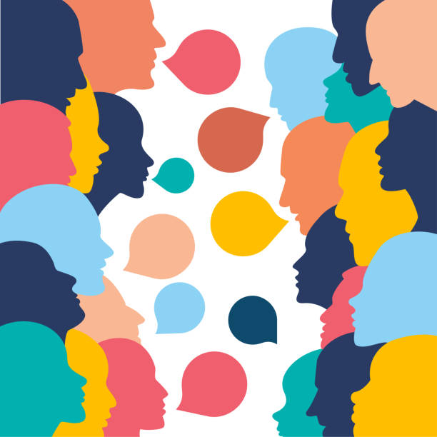 people profile heads in dialogue.  vector background. - communication stock illustrations