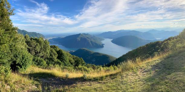 Beautiful view of Lake Lugano and Mendrisiotto region from Monte Sighignola stock photo