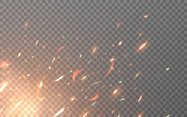 Fire sparks. Flying particles on transparent backdrop. Realistic flame elements. Burning orange fire flying up. Bright lighting effect. Bonfire with flying sparks. Vector illustration Fire sparks. Flying particles on transparent backdrop. Realistic flame elements. Burning orange fire flying up. Bright lighting effect. Bonfire with flying sparks. Vector illustration. flame sparks stock illustrations