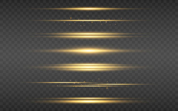 グローラインセット。透明な背景に対するゴールドライト効果。明るい豪華なフレア。水平エネルギー線。ポスターやバナー用の黄色の点滅。ベクトルの図 - 光線点のイラスト素材／クリップアート素材／マンガ素材／アイコン素材