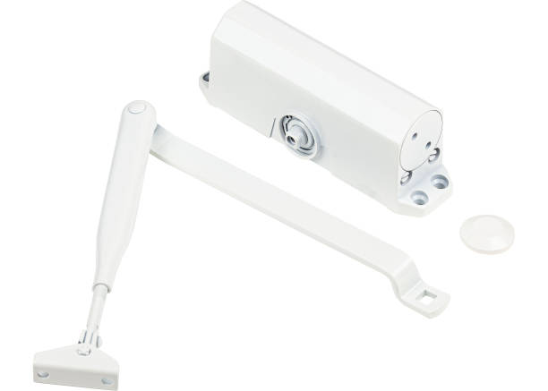 istock Automatic white hydraulic door closer leaver hinge isolated on white background 1330781991
