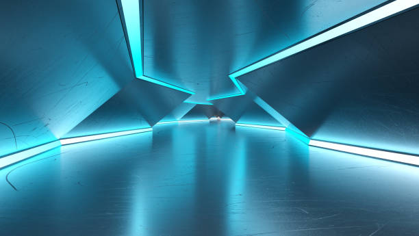 túnel futurista com luzes de neon - futuristic indoors inside of abstract - fotografias e filmes do acervo