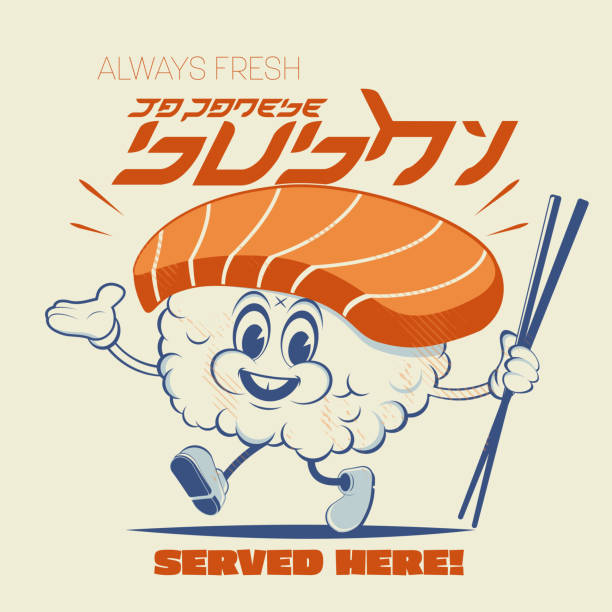 ilustraciones, imágenes clip art, dibujos animados e iconos de stock de logotipo retro de una mascota de sushi de dibujos animados - sushi restaurant fish japanese culture