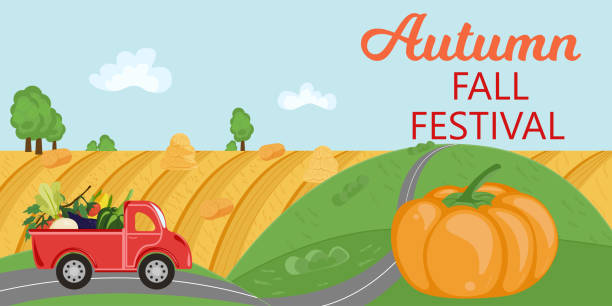 ländliches landschaftspanorama mit gemüse red truck und titel herbst herbstfest - corn stubble illustrations stock-grafiken, -clipart, -cartoons und -symbole