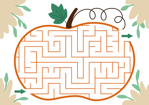 Thanksgiving Day maze for children. Autumn or Halloween holiday preschool printable activity. Fall geometric labyrinth game or puzzle shaped like pumpkin. Harvest themed page for kids