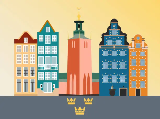 Vector illustration of Stockholm landscape, panorama of the old European city, Scandinavian style