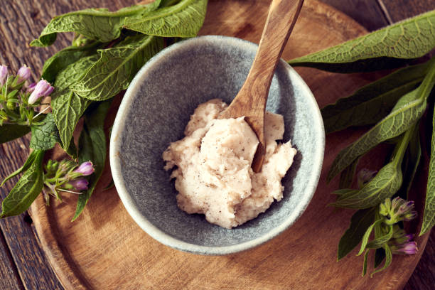 Ccomfrey root ointment with fresh blooming symphytum officinale