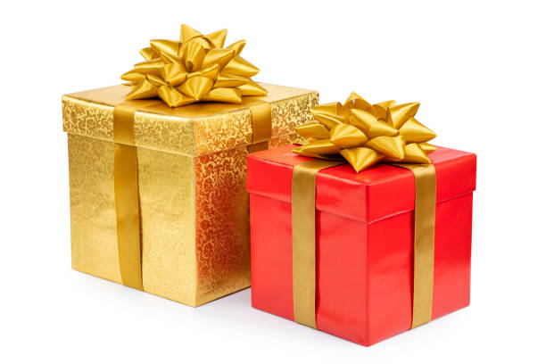 istock Two boxes with gifts, red and gold isolated on white background 1330789634