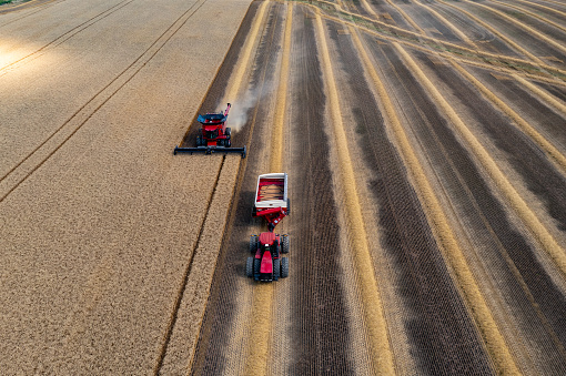 Aerial view of a combine harvester in a landscape of wheat fields on farmland in North Yorkshire in the United Kingdom.