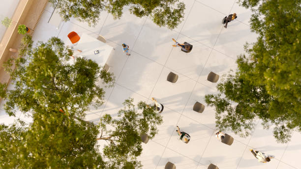 3D render of a conference being held outdoors, high angle view. All items in the scene are 3D