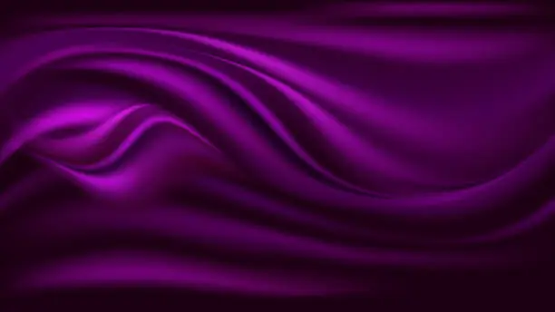 Vector illustration of Purple satin wavy background. Silk fabric texture, waves and swirl drapery. Abstract pattern, vector illustration