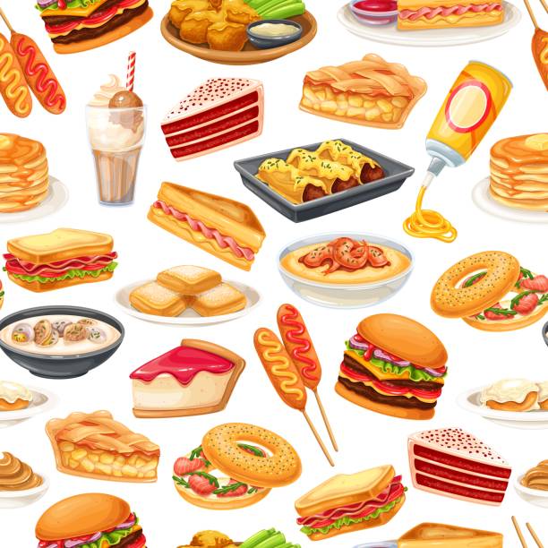 American food seamless pattern American food seamless pattern, vector illustration. Corn dog, clam chowder, blt, sandwich and buffalo wings. Red velvet cake, grits, monte cristo sandwich, pancakes, maple, spray cheese and ets chowder stock illustrations