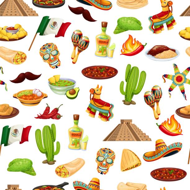 Mexico carnival Cinco de mayo seamless pattern Mexico carnival Cinco de mayo seamless pattern, vector illustration. Background with Mexican cuisine, traditional holiday fiesta food. Pinata, burrito, fajitas, cactus, sombrero, flag and ets tamales stock illustrations