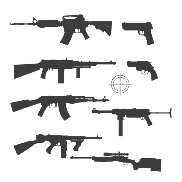무기 아이콘 블랙 실루엣 아이콘 벡터 일러스트레이션 - gun weapon military m16 stock illustrations