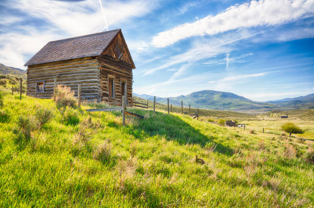 Old abandoned log homestead cabin in mountains of Colorado