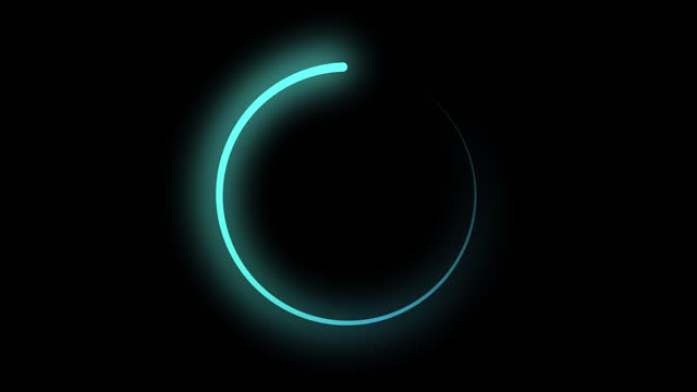 Seamless loop. Blue neon glowing loading bar, progress download circle on black background.