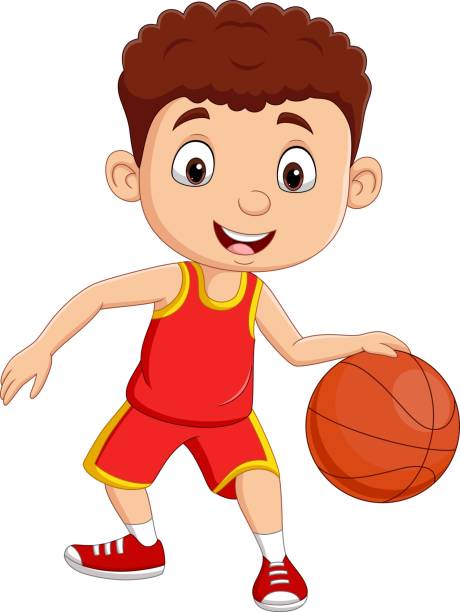 kreskówka mały chłopiec gra w koszykówkę - basketball little boys male young adult stock illustrations