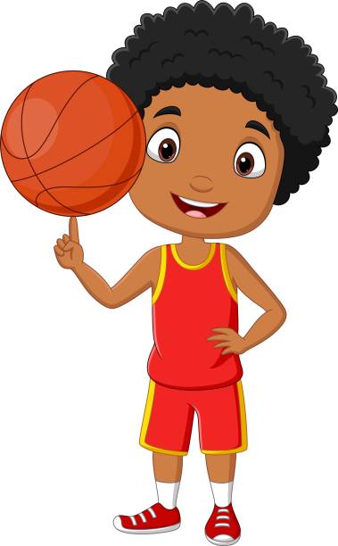 cartoon african american chłopiec gra w koszykówkę - basketball little boys male young adult stock illustrations