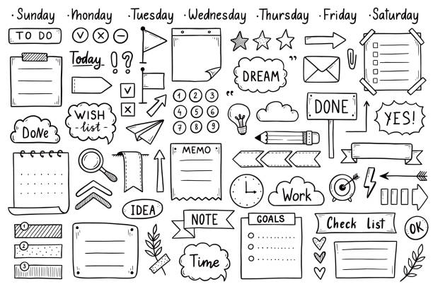 Bullet journal hand drawn element Bullet journal hand drawn element set, sticker, planner label. Doodle sketch scribble style. Bullet journal vector illustration for diary decoration drawing of hand tool stock illustrations