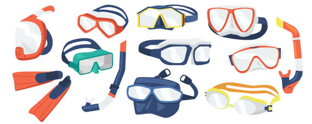 ダイビング機器のシュノーケリングマスク、異なるデザインのスキューバダイバーツールのセット。水中メガネ、マウスピースチューブ - swimming goggles点のイラスト素材／クリップアート素材／マンガ素材／アイコン素材