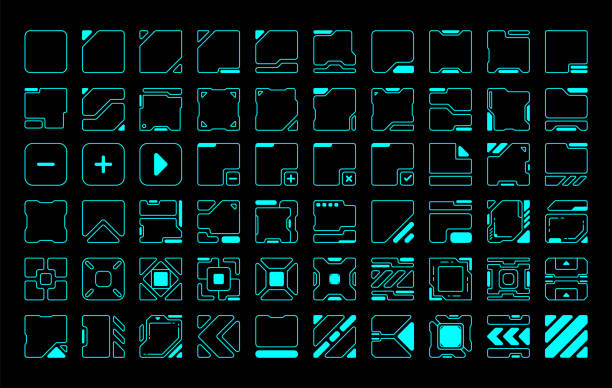 60 rounded square frame hud future modern vector design 60 rounded square frame hud future modern vector design for sci-fi game design user interface. glowing neon circles seamless background stock illustrations