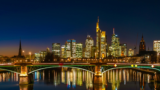 Skyscrapers and surrounding buildings by the Frankfurt am Main, Skyline by night, Germany