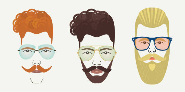 drei junge hipster erwachsene männliche gesichter ikonen in verschiedenen vielfalt und individuelle einzigartige charaktere mit schnurrbart und bart, tragen sonnenbrille und aussehen - young men men blond hair attractive male stock-grafiken, -clipart, -cartoons und -symbole