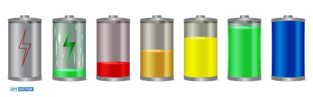 realistic battery charging status isolated set of realistic battery charging status isolated or indicator remaining battery time or various cylinder battery rechargeable concept. eps vector phone screen low battery stock illustrations