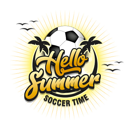 Summer football logo. Hello summer. Soccer time. Pattern for design poster, logo, emblem, label, banner, icon. Football template on isolated background. Vector illustration
