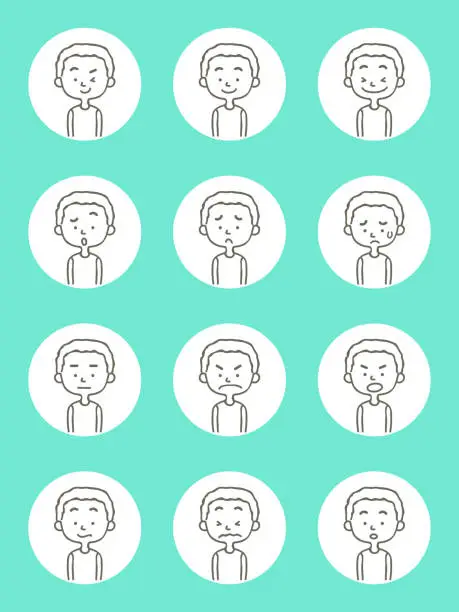 Vector illustration of Cute avatar icons (Facial expression, Emoticon) of boys in thin-line style