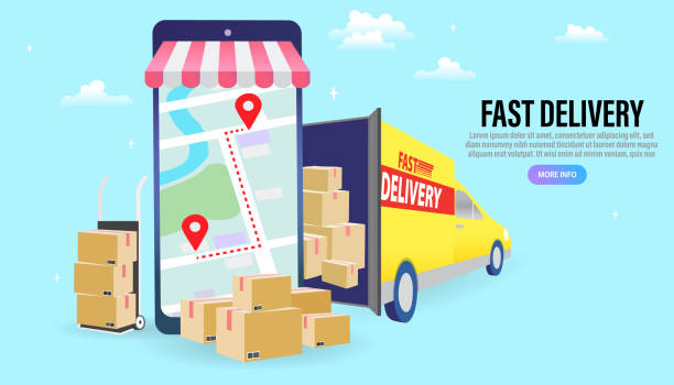 ilustrações de stock, clip art, desenhos animados e ícones de delivery man or courier delivering food to customer at home. ordering food online, delivery van, courier near door. flat vector illustration. - delivery van