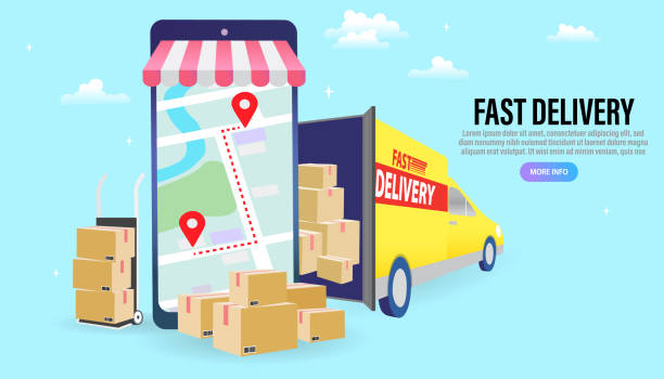 delivery man or courier delivering food to customer at home. Ordering food online, delivery van, courier near door. Flat vector illustration. delivery man or courier delivering food to customer at home. Ordering food online, delivery van, courier near door. Flat vector illustration. taken on mobile device stock illustrations