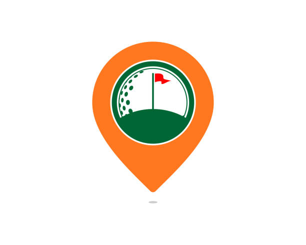 ilustraciones, imágenes clip art, dibujos animados e iconos de stock de campo de golf en el logotipo de ubicación del punto - caddy