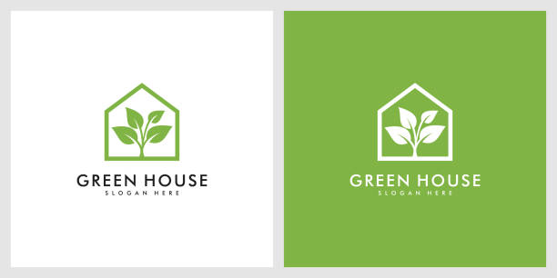 ilustraciones, imágenes clip art, dibujos animados e iconos de stock de diseño vectorial del logotipo de la casa de hoja verde - greenhouse