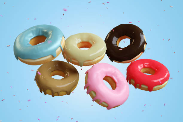istock flying doughnuts various glazed doughnuts with sprinkles on pastel color background. 3D Render Food minimal idea concept. 1330819274