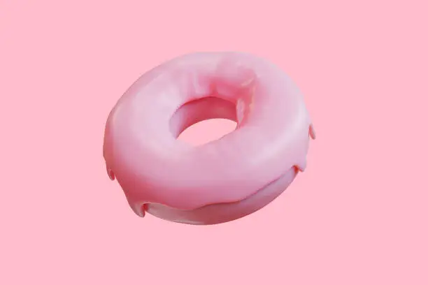 Closeup Pink Doughnut sweet isolated floating on pink background. Minimal Food Idea concept 3D Rendering.