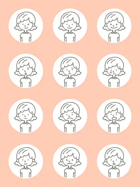Vector illustration of Cute avatar icons (Facial expression, Emoticon) of girls in thin-line style